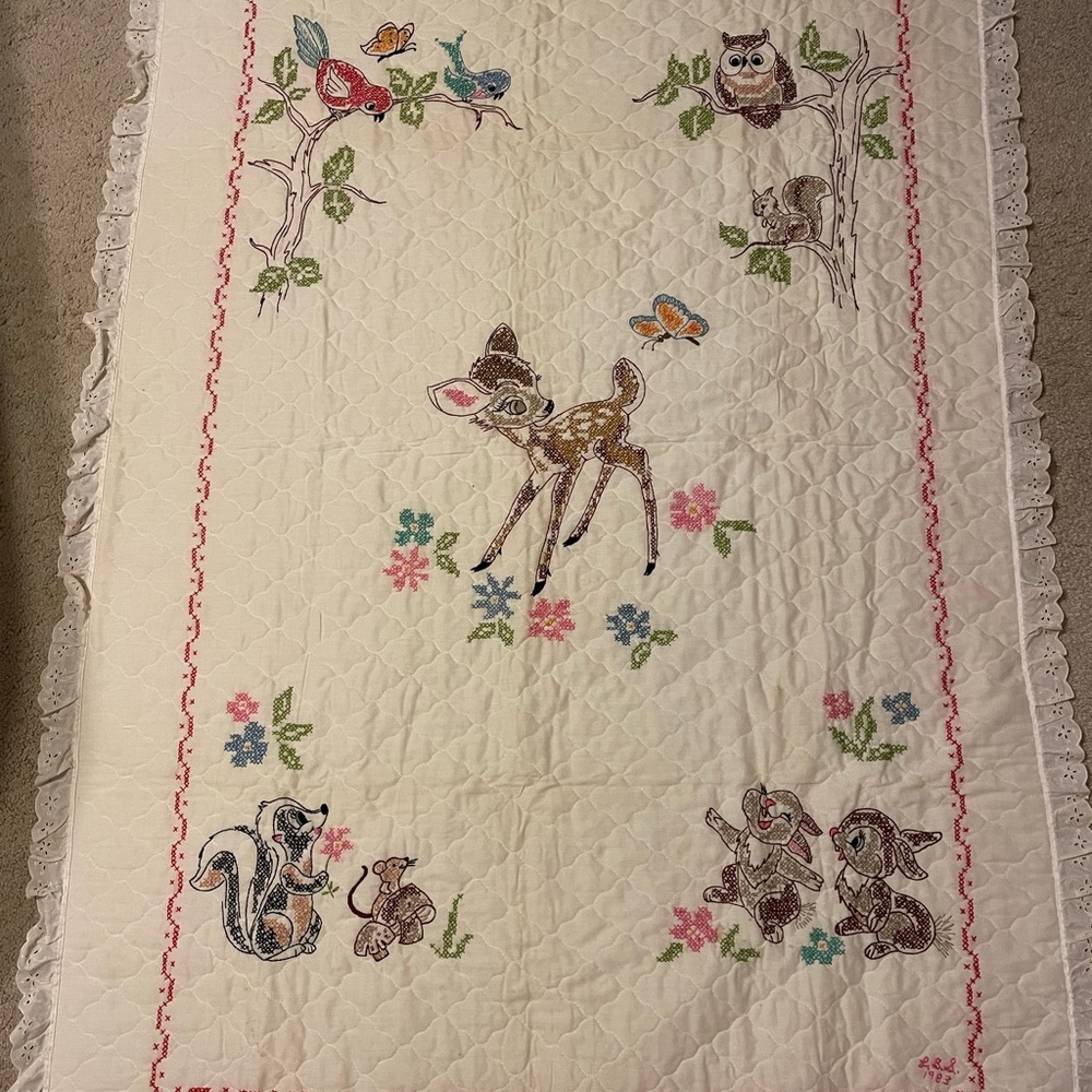 Whimsical Cream Deer & Woodland Animals Quilted Throw